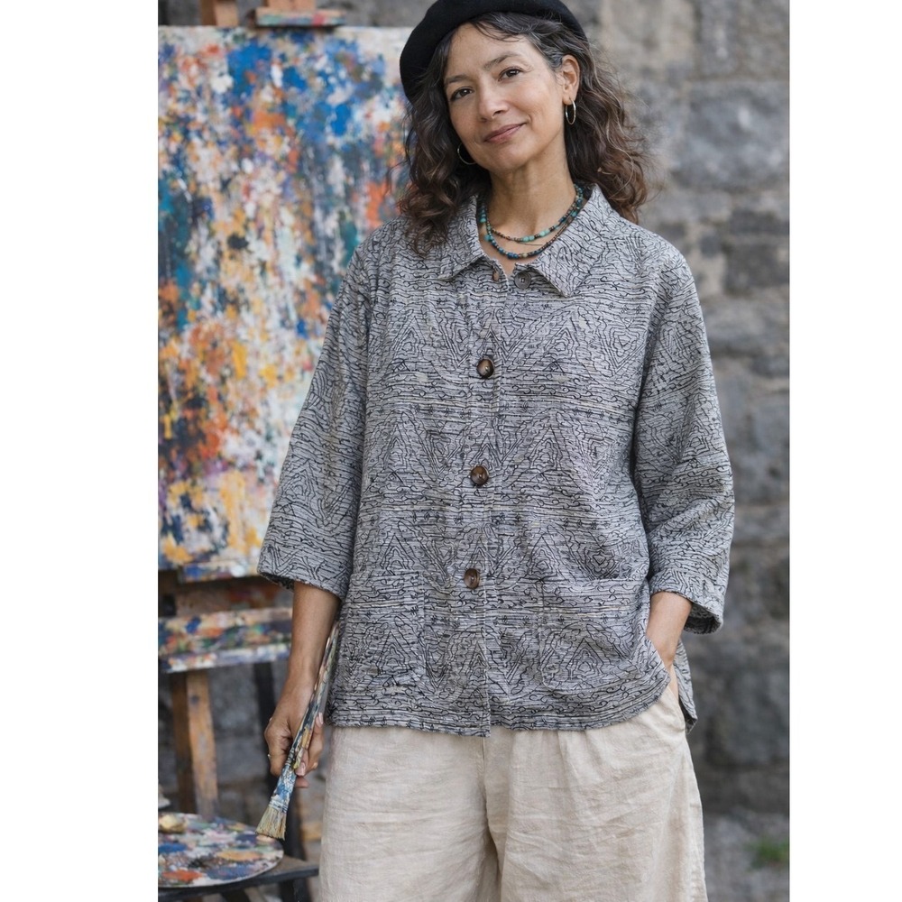 Chicos Design Womens Boho Chic Embroidered Silk Jacket L Grey Lagenlook Artsy